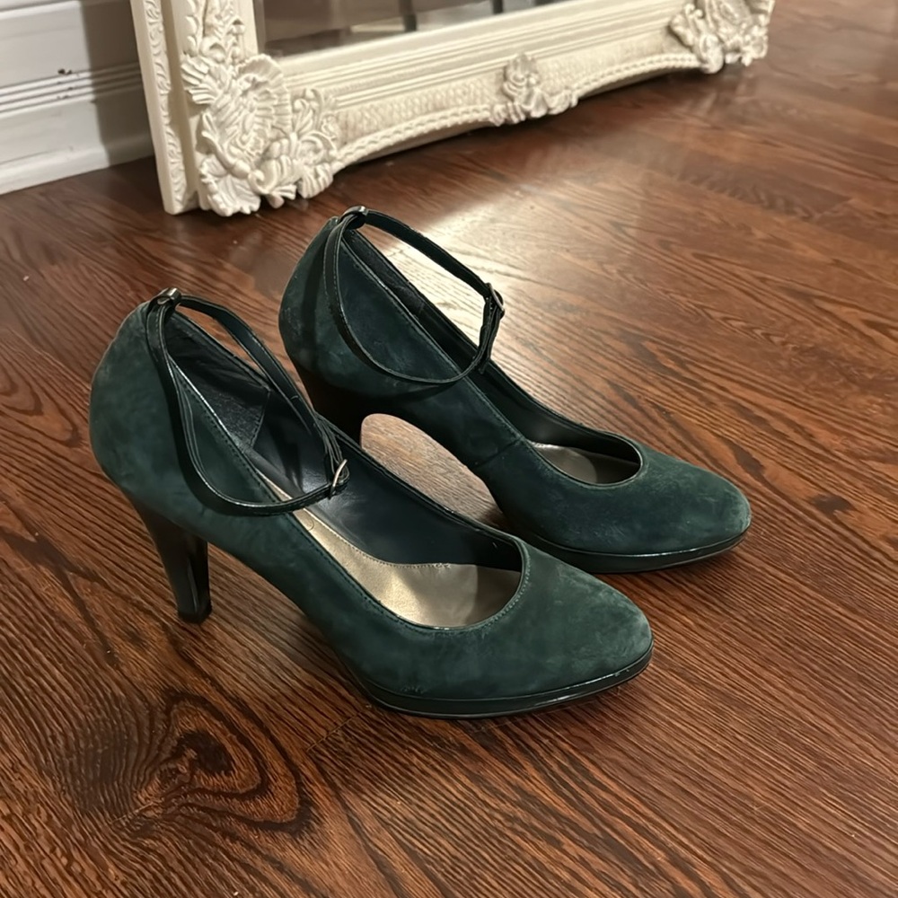 Green faux suede high heels